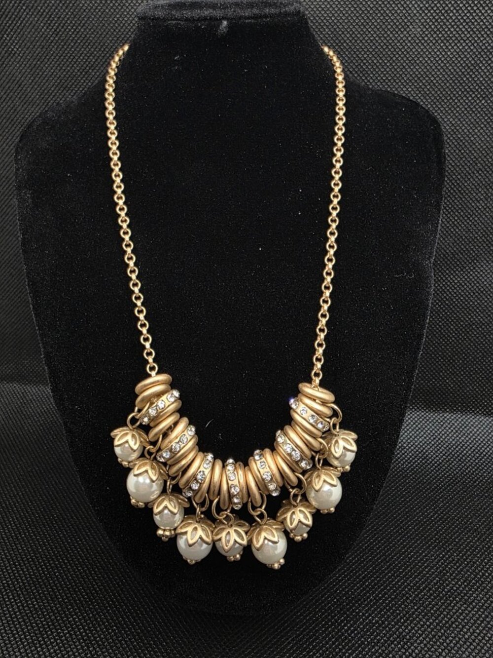 Unsigned Gold Tone Faux Pearl Rhinestone Statement Bib Necklace 15.5"-19"